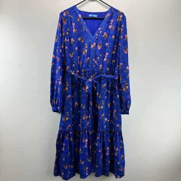 NWT Draper Jaems RSVP Tie Waist Mide Dress Cobalt Blue Floral Large - Picture 2 of 14